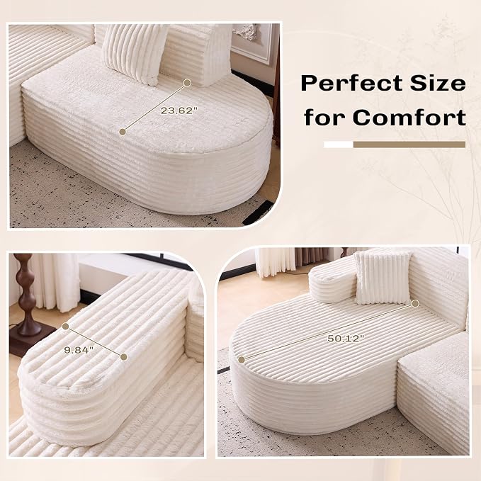 Modern Curved Boneless Sofa Couch, L-Shaped Corner Sofa, Corduroy Upholstered Cloud Sectional Couch for Living Room, Bedroom and Apartment,No Assembly Needed(Beige, Right Hand Facing)