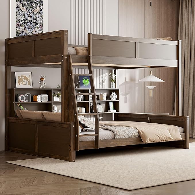 RUNNA Full XL Over Queen Bunk Bed with Storage,USB,Wood | Full XL over queen bunk bed with storage cabinets, USB, solid pine wood, guardrails, no box spring needed, natural wood