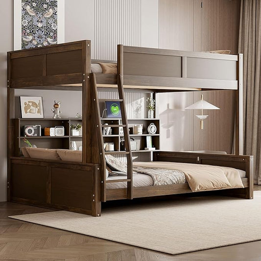 RUNNA Full XL Over Queen Bunk Bed with Storage,USB,Wood | Full XL over queen bunk bed with storage cabinets, USB, solid pine wood, guardrails, no box spring needed, natural wood