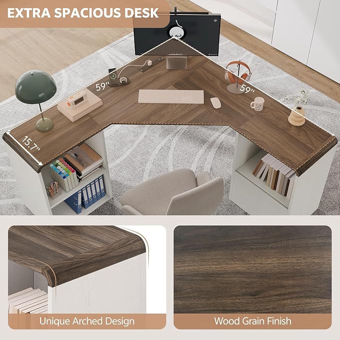 L Shaped Desk with Power Outlets & USB C Port, 59'' Reversible L-Shaped Computer Desk with File Drawer for Letter Legal Size, Corner Office Desk with Storage Shelves, Rounded Corners, White