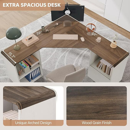 L Shaped Desk with Power Outlets & USB C Port, 59'' Reversible L-Shaped Computer Desk with File Drawer for Letter Legal Size, Corner Office Desk with Storage Shelves, Rounded Corners, White