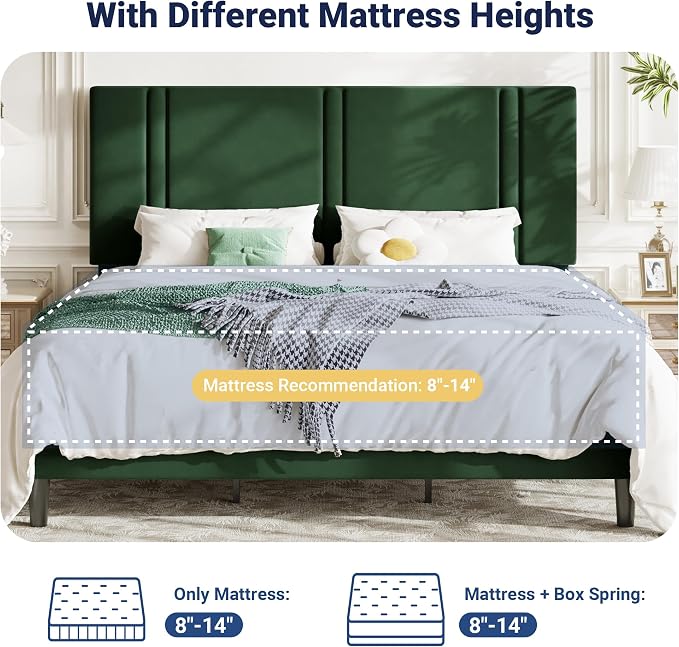 Allewie King Size Platform Bed Frame with Adjustable Headboard, Plush Velvet Upholstered, Vertical Channel Tufted, Sturdy Wooden Slats, No Box Spring Needed, Easy Assembly, Green