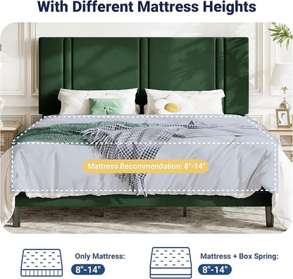Allewie King Size Platform Bed Frame with Adjustable Headboard, Plush Velvet Upholstered, Vertical Channel Tufted, Sturdy Wooden Slats, No Box Spring Needed, Easy Assembly, Green