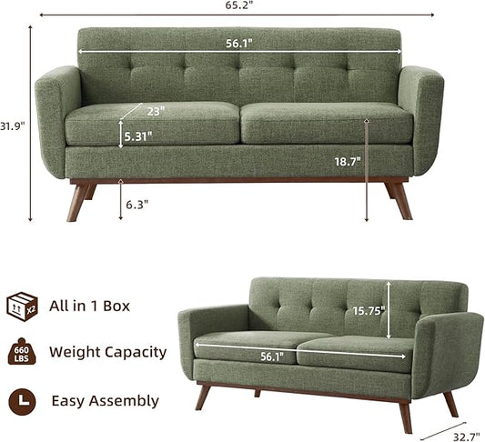 Kingfun 65.2" W Loveseat Sofa, Mid Century Modern Decor Love Seat Couches for Living Room, Button Tufted Upholstered Furniture, Solid & Easy to Install Small Couch for Bedroom Office Apartment, Green
