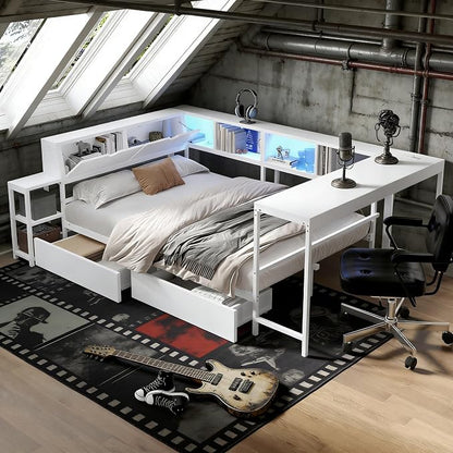 Bellemave Twin Size Corner Bed Frame with Storage Drawers, Bookcase and Side Desk, Twin Corner Bed with Light and Charging Station, Daybed for Bedroom, Living Room, Guest Room White