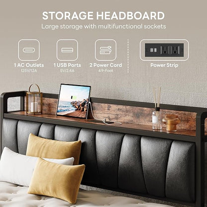 LIKIMIO Twin Bed Frame, Storage Headboard with Charging Station, Solid and Stable, Noise Free, No Box Spring Needed, Easy Assembly (Vintage and Black)
