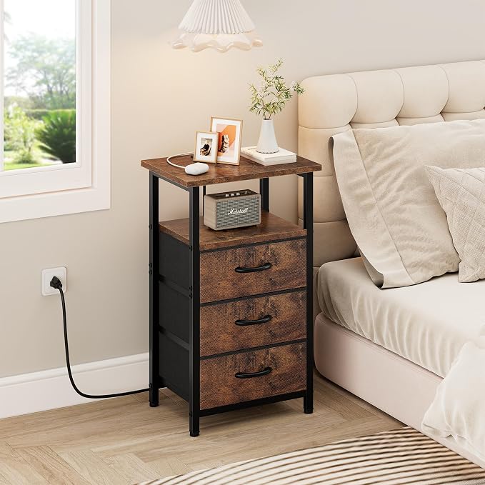 Vagusicc Nightstand with Charging Station, Bedside Table with USB Ports and Outlet, End Table Side Table with 3 Fabric Drawers and Storage Shelf, Bed Side Table Night Stand for Bedroom, Rustic Brown