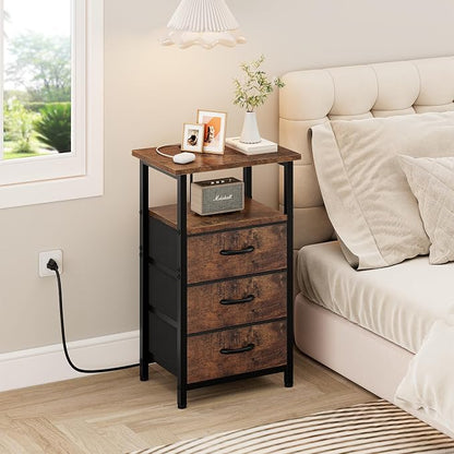 Vagusicc Nightstand with Charging Station, Bedside Table with USB Ports and Outlet, End Table Side Table with 3 Fabric Drawers and Storage Shelf, Bed Side Table Night Stand for Bedroom, Rustic Brown