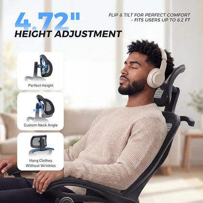 CYKOV Ergonomic Office Chair with Footrest - Adjustable Lumbar Support & Headrest, 90-135° Reclining Mesh Back Computer Chair - Home Office/Gaming, 350lbs Capacity
