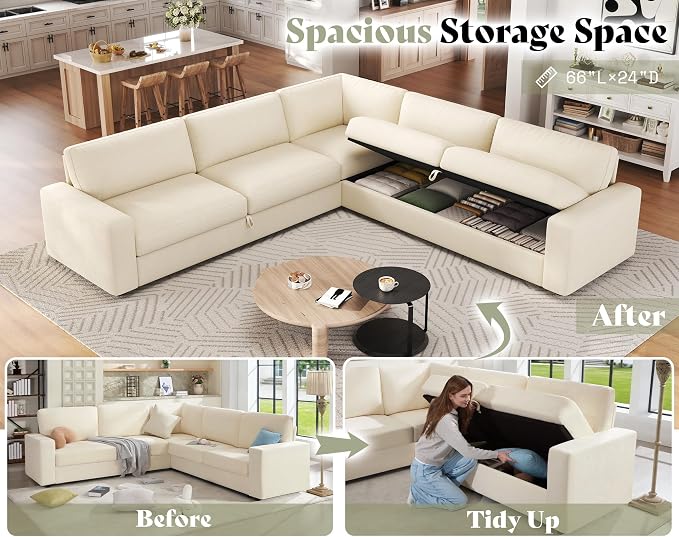 AMERLIFE 106" Oversized Sofa Bed, Sectional Sleeper Sofa with Pull Out Bed, 3 in 1 Convertible Sofa Bed, L Shaped Couch with Storage, High Resilience Mattress, Chenille Beige