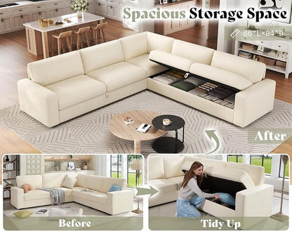 AMERLIFE 106" Oversized Sofa Bed, Sectional Sleeper Sofa with Pull Out Bed, 3 in 1 Convertible Sofa Bed, L Shaped Couch with Storage, High Resilience Mattress, Chenille Beige