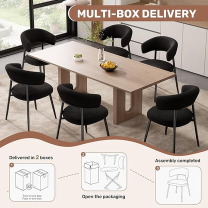 Dining Chairs Set of 6, Mid Century Modern Kitchen Chairs, Boucle Upholstered Dining Chair with Curved Backrest & Metal Legs for Kitchen Dining Room, Black