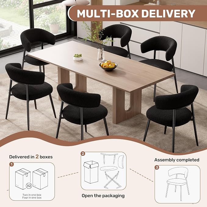 Dining Chairs Set of 4, Mid Century Modern Kitchen Chairs, Boucle Upholstered Dining Chair with Curved Backrest & Metal Legs for Kitchen Dining Room, Black