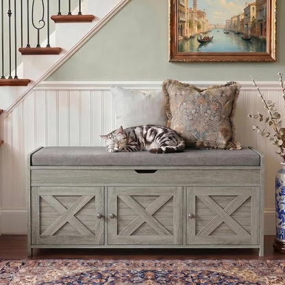 Marsail Shoe Storage Bench with Seating, Farmhouse Entryway Bench with Shoe Storage and Cushion, Under Window Benches Wooden Ottoman for Bedroom, Entry Way, Living Room, Grey