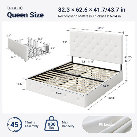 Allewie Upholstered Queen Size Platform Bed Frame with 4 Storage Drawers and Headboard, Diamond Stitched Button Tufted, Mattress Foundation with Wooden Slats Support, No Box Spring Needed, White