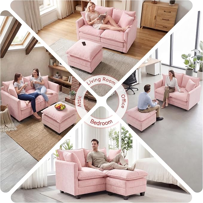 L-Shape Loveseat Sofa Couch with Ottoman, Small 50" Love Seat 27" Deep Cloud Sofa Washable Chenille Pillow for Apartment Bedroom Dorm Attic Studio Office Living Room Small Space 8833-PINK-L