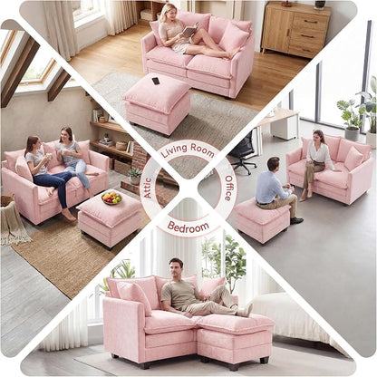 L-Shape Loveseat Sofa Couch with Ottoman, Small 50" Love Seat 27" Deep Cloud Sofa Washable Chenille Pillow for Apartment Bedroom Dorm Attic Studio Office Living Room Small Space 8833-PINK-L