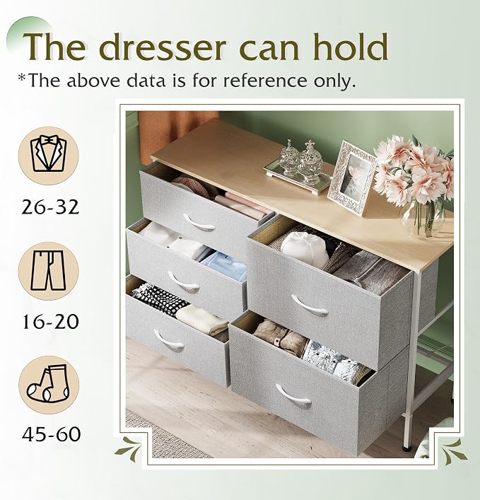WLIVE Dresser for Bedroom with 5 Drawers, Wide Bedroom Dressers with Drawer Organizers, Chest of Drawers, Fabric Dresser for Living Room, Closet, Hallway, Light Grey