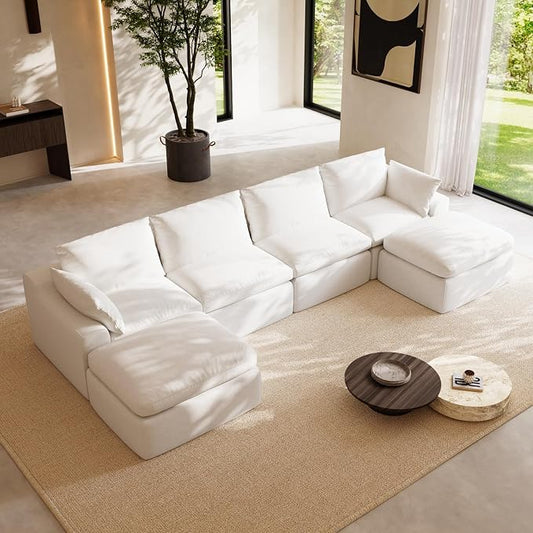 Novilla 133.8" Modular Cloud Couch, Modern Sectional Sofa with Smarts Coil® Support, Chenille Fabric, Upholstered Couch for Living Room Apartments Bedroom, No Assembly, 4 Seater + 2 Ottoman, White