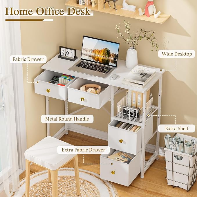 3IngSeagulls Small Computer Desk with 4 Fabric Drawers, Simple Writing Desk for Home Office, Compact Study Desks for Small Spaces, Kids Desk Study for Bedroom, White