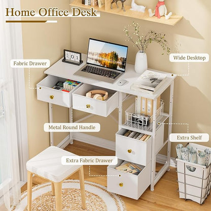 3IngSeagulls Small Computer Desk with 4 Fabric Drawers, Simple Writing Desk for Home Office, Compact Study Desks for Small Spaces, Kids Desk Study for Bedroom, White