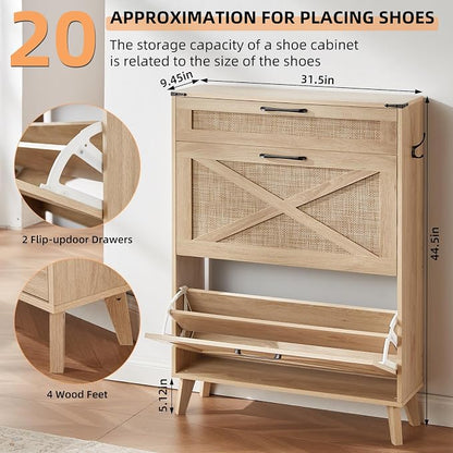 LEYAOYAO Shoe Cabinet Storage for Entryway with 2 Flip Drawers Rack Narrow Organizer Slim Hidden Wood Shoe Cabinet Furniture Natural Oak