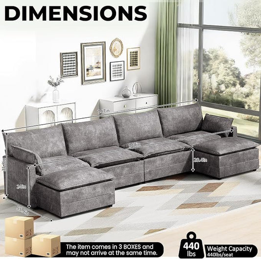 LEVELEVE 147" U-Shape Modular Sofa with 2 Ottomans, Deep Seat Cloud Convertible Sleeper, 2 Arm Pillows, Cozy Large Upholstered Furniture for Living Room Apartment, Dark Grey