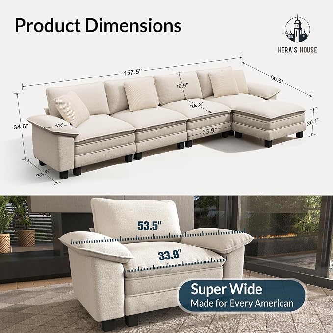 HERA'S HOUSE 158" Oversized Modular Sectional Sofa, Comfy L Shaped Couches for Living Room, Cloud Couch with Ottoman, 5-Seater Deep Seat Sofa with Throw Pillow, Chenille Beige