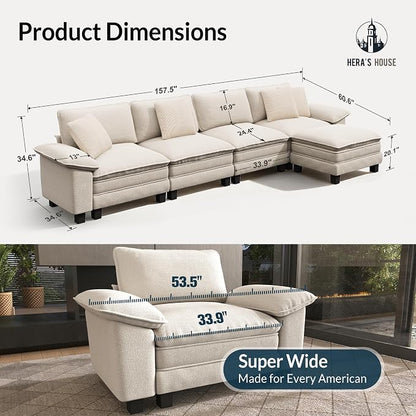HERA'S HOUSE 158" Oversized Modular Sectional Sofa, Comfy L Shaped Couches for Living Room, Cloud Couch with Ottoman, 5-Seater Deep Seat Sofa with Throw Pillow, Chenille Beige