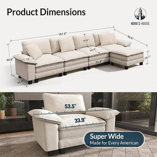 HERA'S HOUSE 158" Oversized Modular Sectional Sofa, Comfy L Shaped Couches for Living Room, Cloud Couch with Ottoman, 5-Seater Deep Seat Sofa with Throw Pillow, Chenille Beige