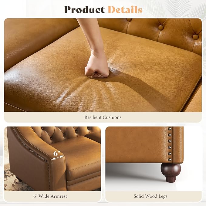 AMERLIFE 80" Leather Sofa, Modern Chesterfield Genuine Leather Sofa, Tufted 3 Seater Brown Leather Couch with Curved Arms, Leather Couches for Living Room