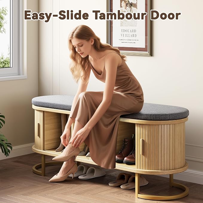 Decofy Shoe Storage Bench with Cushion and Sliding Doors, 47.2 Inch Shoe Bench with Storage, Freestanding Entryway Bench with Storage, Sturdy Metal Feet, for Hallway & Entrance Hall, Oak
