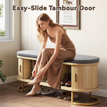 Decofy Shoe Storage Bench with Cushion and Sliding Doors, 47.2 Inch Shoe Bench with Storage, Freestanding Entryway Bench with Storage, Sturdy Metal Feet, for Hallway & Entrance Hall, Oak