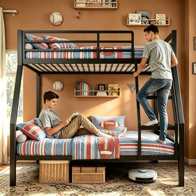 Bunk Bed Twin Over Full, Heavy Duty Metal Bunkbeds with Full-Length Guardrail, Space-Saving Steel Bed for Kids & Adults, No Box Spring Required, Rustic Brown
