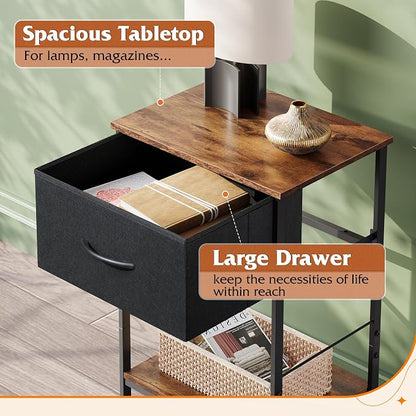 WLIVE Small Black Nightstand Set of 2 with Drawer, Fabric Bedside Table | Night Stands Set of 2 with Wood Open Shelf, End Table with Steel Frame, Side Table for Bedroom, Dorm, Easy Assembly