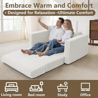 HABUTWAY 41.3" Loveseat Boneless Couch, 4-in-1 Convertible Sofa Bed, Plush Fur Folding Futon Sofa Bed Couches with a Pillow for Living Room, High-Density Foam Support, No Assembly Required, Beige