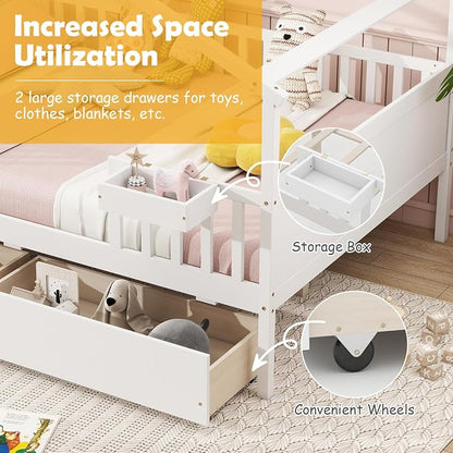Giantex Full House Bed with Drawers, Wooden Full Size Bed Frame with Cube Storage & Fence Rails, Montessori Beds for Kids Boys Girls, Bedroom, Living Room, No Box Spring Needed, White
