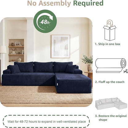 Hobestluk Modular Sectional Sofa Couches L-Shape Couch 3 Seat Modular Sofa Memory Foam Sectional Couches for Living Room, Cloud Couch with Oversized Chaise (Blue Corduroy, 108", Right Hand Facing)