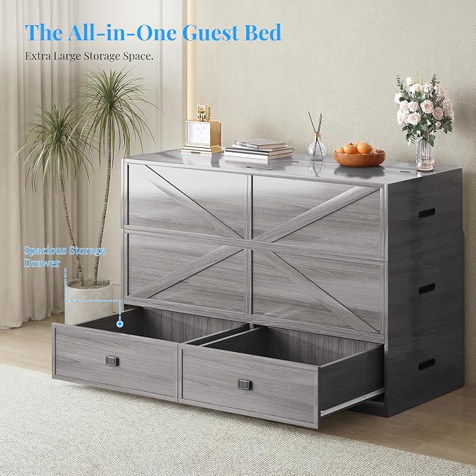 PUREMIND Murphy Bed Full with Mattress Included, Wood Cabinet Bed with Dual Storage Drawers & 2 Pillows, 3-in-1 Convertible Sofa Beds for Small Space, Guest Room, Home, Gray