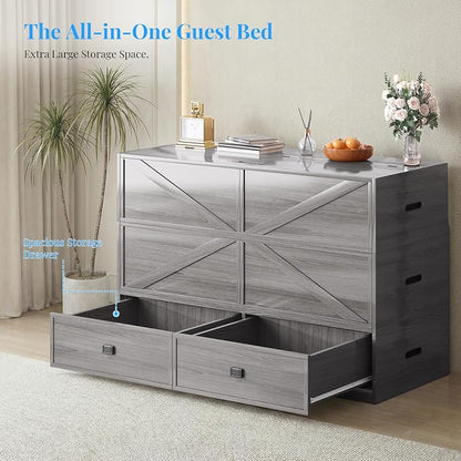 PUREMIND Murphy Bed Full with Mattress Included, Wood Cabinet Bed with Dual Storage Drawers & 2 Pillows, 3-in-1 Convertible Sofa Beds for Small Space, Guest Room, Home, Gray