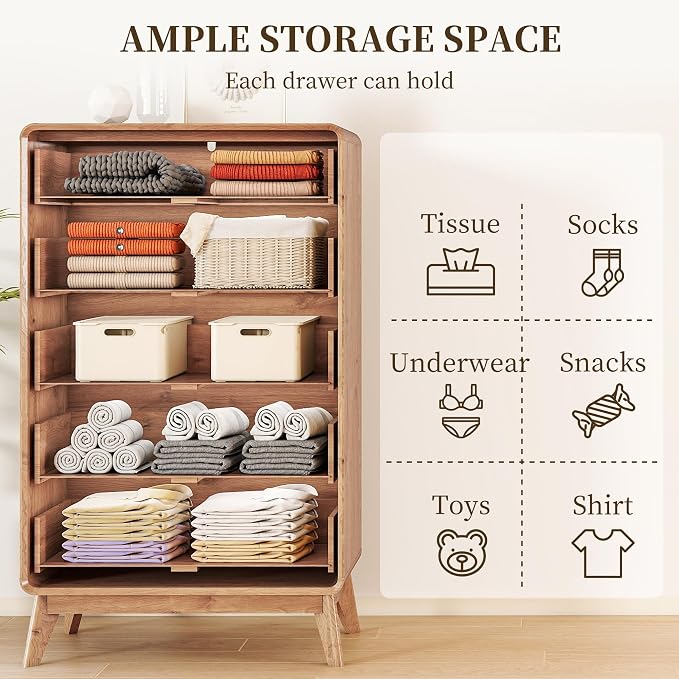 3-Piece Farmhouse Bedroom Storage Set, 5-Drawer Chest & Nightstands Set of 2 with Charging Station, Handle-Less Design, Rounded Corners, Anti-Tip Safety Furniture, Natural