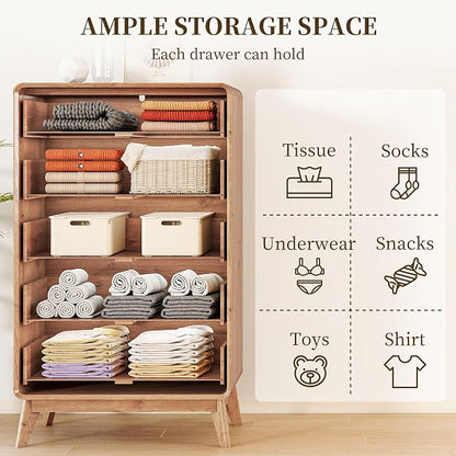 3-Piece Farmhouse Bedroom Storage Set, 5-Drawer Chest & Nightstands Set of 2 with Charging Station, Handle-Less Design, Rounded Corners, Anti-Tip Safety Furniture, Natural