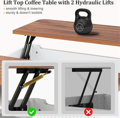 Decofy Lift Top Coffee Table with Storage Mid Century Modern Square Coffee Tables for Living Room, Large Hidden Storage Compartment, Adjustable Shelves & Sliding Door
