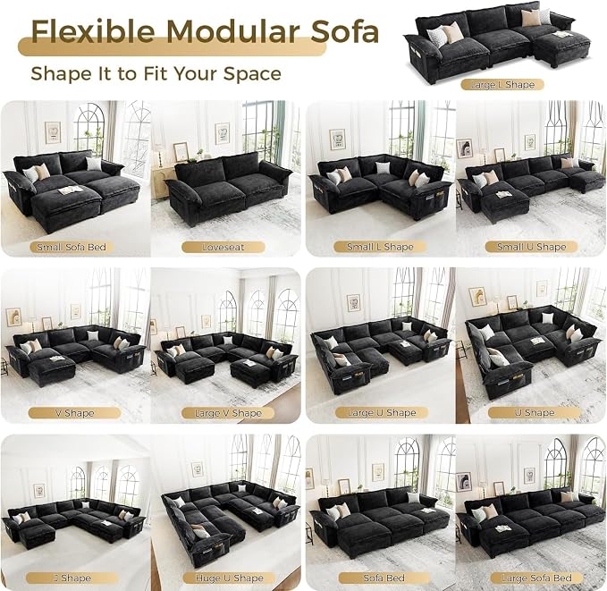 KKL 89 Inch Modular Sectional Sofa, 2 Sets of Loveseat Cloud Couches with Deep Seat, Chenille Sectional Couches for Living Room, Apartment, Black