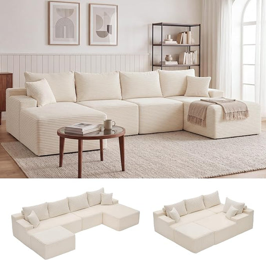 Mangodan 118'' Cloud Sectional Couch, U Shaped Boneless Couches for Living Room, Modular Sectional Sofa with Deep Seat Right Facing Chaise, Comfy Cloud Couch Sofa, Beige
