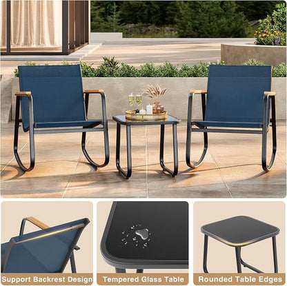 Ahomly 3-Piece Outdoor Rocking Bistro Set, Outdoor Patio Furniture Set with Textilene Fabric, Patio Rocking Chairs and Glass Table for Garden Balcony Backyard Poolside Blue