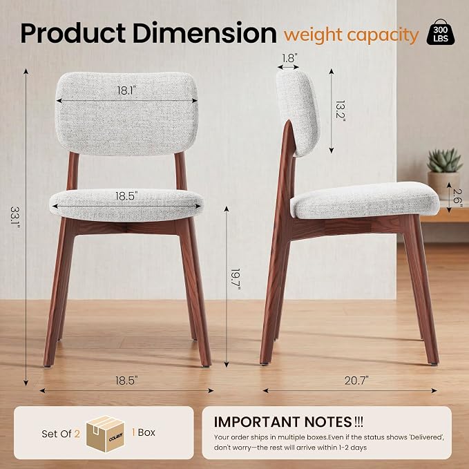 COLAMY Dining Chairs Set of 2, Modern Upholstered Kitchen Room Chairs with Solid Red Oak Wood Legs, 5-Min Easy Assembly Anti-Wobble, High-Weight Fabric Farmhouse Side Chair, 300lbsWalnut,Beige