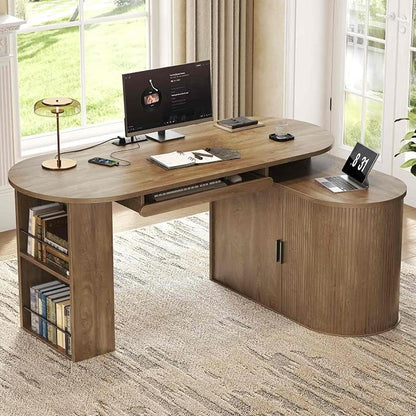 HSH Reversible L Shaped Desk with Storage, Computer Desk with Keyboard Tray | 60" Modern Annual Ring Wood Executive Office Desk, Adjustable Corner Design for Gaming Spaces and Home Workstations