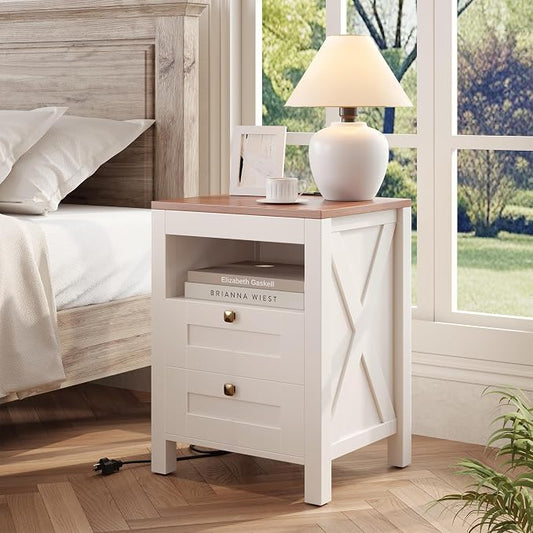 Luoxiao Nightstand Set of 2 with Charging Station, End Table, 18" Farmhouse Side Table with 2 Storage Drawers, Rustic Wooden Sofa Table, Bedside Cabinet for Living Room, Bedroom, White