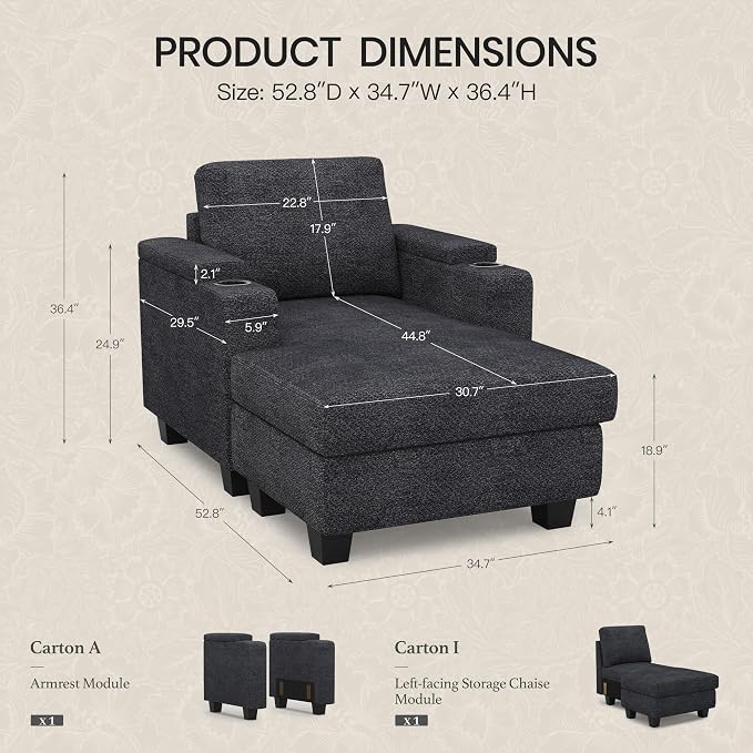 Belffin 52.8" Deep Storage Chaise Lounge with Cup Holder for Apartment Couch Dark Grey